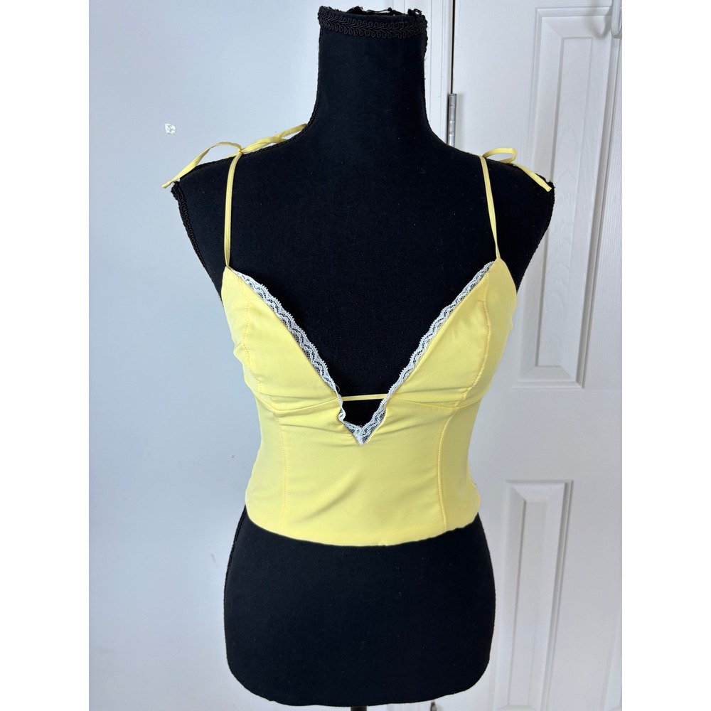 Oh Polly Butter Yellow Lace Trim Deep V Corset Top Tie Strap Size US 2 UK 6